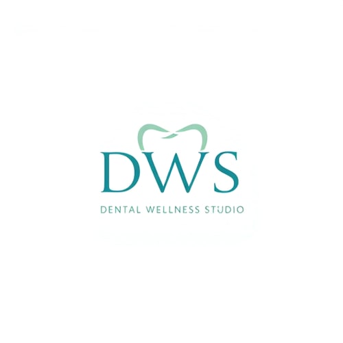 AI Design for Minimalist for a dental wellness studio named "DWS- Dental Wellness Studio": Clean geometric shapes representing teeth or smiles, soft blues, greens, and whites, sans-serif typography. Design inspired by modern healthcare and nature, focusing on precision and tranquility, solid background.