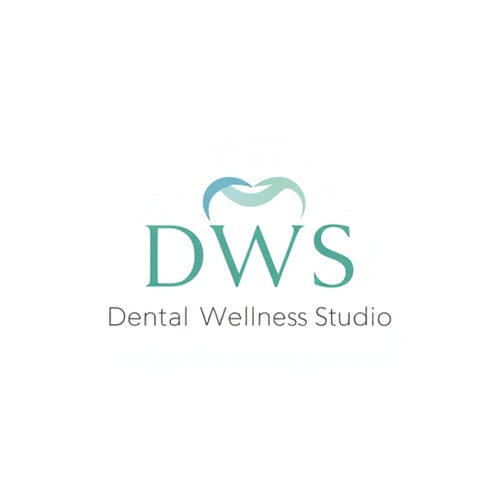 AI Design for Minimalist for a dental wellness studio named "DWS- Dental Wellness Studio": Clean geometric shapes representing teeth or smiles, soft blues, greens, and whites, sans-serif typography. Design inspired by modern healthcare and nature, focusing on precision and tranquility, solid background.