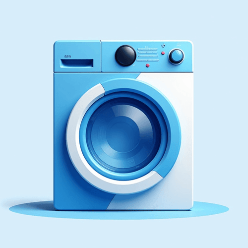 AI Design for a laundry design like a front loading washing machines with a modern and technological feel. Colors in the blues and whites named Modern Laundry