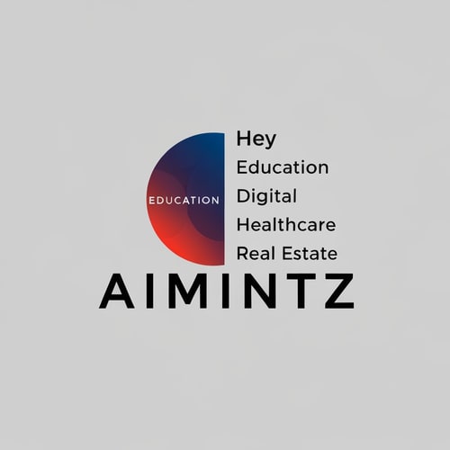 AI Design for hey create a logo image with combined these 3 words education, digital healthcare, real estate and here is the name of the logo (AIMintz)