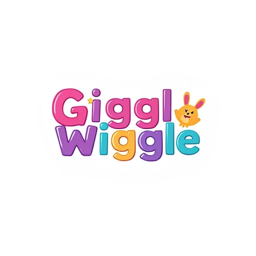 AI Design for Create a flat vector, illustrative-style wordmark logo design for a kid's unique clothing brand named 'Giggle Wiggle', where each letter is stylized to represent a different playful character (e.g., a bunny, a bear, etc.) within the word. Integrate vibrant colors including bright pink, purple, and turquoise to create a fun and inviting vibe against a white background. Do not show any realistic photo detail shading.
