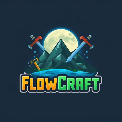 AI Design for so the server name is FlowCraft we are a geopl server themed with A moon in a logo make it minecrft theme with sword pickaxe and etc