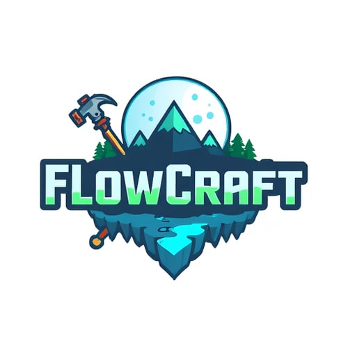 AI Design for so the server name is FlowCraft we are a geopl server themed with A moon in a logo make it minecrft theme with sword pickaxe and etc