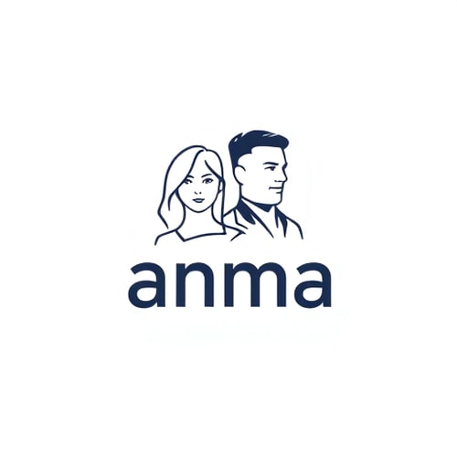 AI Design for a linear aritistic modern logo of a woman and a man, with the name anma above