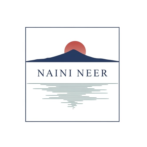 AI Design for “Create a Japanese-inspired minimal SQUARE logo for NAINI NEER.
Inside the square, illustrate a calm lake using thin zen-style brush waves, a soft single mountain silhouette, and a warm circular sun behind it.
Use muted premium colors: teal, navy, soft red-sun accents.
Place the text NAINI NEER centered within the square in clean minimalist serif typography.
Keep everything ultra minimal, balanced, and peaceful. No tagline.”