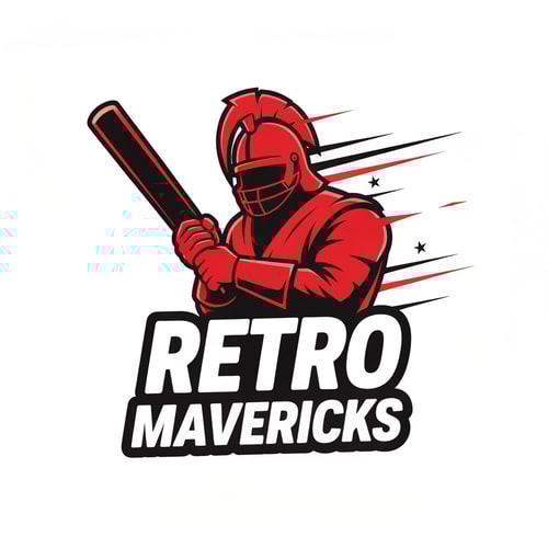 AI Design for Create an aggressive warrior-style cricket team logo for “RETRO MAVERICKS”.
Include a heroic cricket player silhouette or warrior helmet holding a bat.
Add dynamic lines for motion and energy.
Bold lettering with retro flair.
Color palette: red, black, white.
Tournament-grade vector logo, no background.
