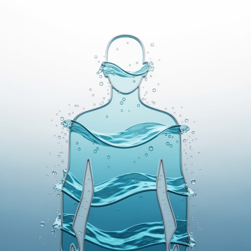 AI Design for “Create a premium minimalistic artwork showing a human silhouette made with thin metallic silver outline, interior filled with ultra-clean glowing aqua-blue water waves. Water waves must be smooth, layered, and slightly transparent. Background must be a soft white-to-light-blue gradient with subtle glass reflections. Add floating micro water particles around the silhouette to show purity. Overall look must feel scientific, calm, balanced, and extremely premium. No bottle, no text, no brand elements — just the visual theme.”