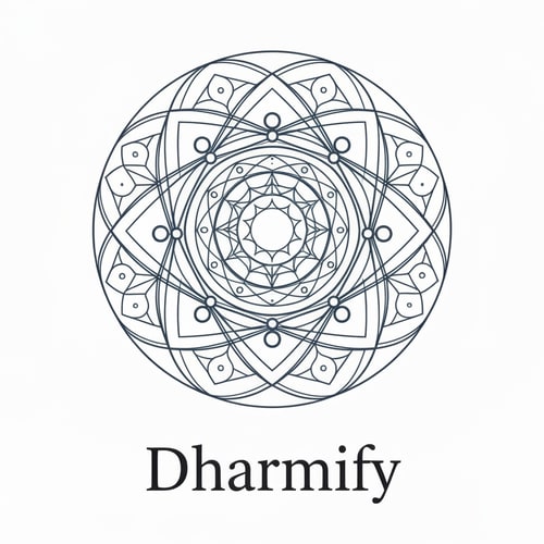 AI Design for A circular mandala built with geometric nodes and lines, resembling both a sacred design and a digital network. It conveys ancient wisdom adapted to today’s digital platforms. “Dharmify” sits below in calm lowercase type, emphasizing accessibility and peace.