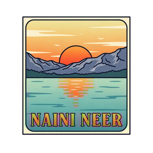 AI Design for “Design a retro travel-postcard inspired SQUARE logo for NAINI NEER.
Inside the square, illustrate a lake scene with warm vintage tones: soft teal water, orange sun, textured mountains, and faded retro sky gradient.
Use thick outlines and soft grain texture for an old postcard effect.
Place the text NAINI NEER prominently in the CENTER of the square in bold classic typography.
Keep the vibe nostalgic but clean. No tagline.”