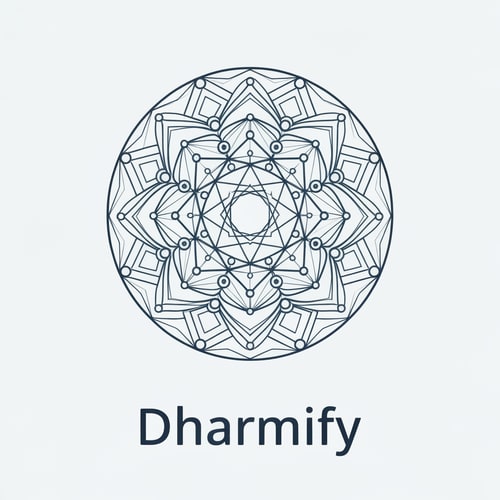 AI Design for A circular mandala built with geometric nodes and lines, resembling both a sacred design and a digital network. It conveys ancient wisdom adapted to today’s digital platforms. “Dharmify” sits below in calm lowercase type, emphasizing accessibility and peace.