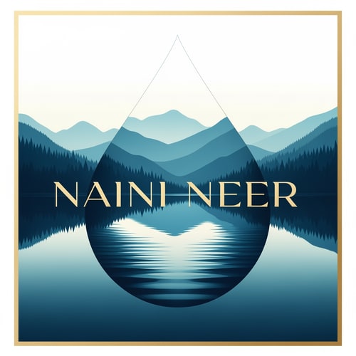 AI Design for “Create a modern SQUARE logo for NAINI NEER featuring a large waterdrop shape inside the square.
Within the waterdrop, illustrate a serene lake with gentle reflections and a soft mountain backdrop. Use smooth gradients in deep blue and teal tones.
Place the text NAINI NEER in the CENTER of the square, overlapping the waterdrop slightly. Use elegant serif or luxury sans-serif typography in gold or cream. Add a thin premium border around the square. No tagline.”