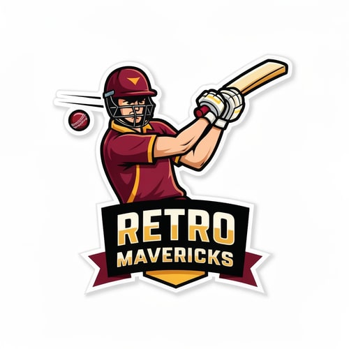AI Design for Create a bold, modern cricket team mascot logo for “RETRO MAVERICKS”.
Style: same as the sample image — thick outlines, strong shadows, cartoon-mascot look, high-contrast colors.
Main character: a dynamic cricket batsman in action, mid-swing, facing forward at a slight angle.
Add a flying cricket ball near the swing path for motion effect.
Batsman outfit: maroon and gold uniform, helmet, gloves, and pads.
Make the character powerful, energetic, and expressive.
Logo structure:
• Character on top
• “RETRO MAVERICKS” text banner below in bold athletic sports typeface
• Add a small ribbon or plate under the text similar to reference style
Color palette:
• Maroon (primary)
• Gold (secondary)
• Cream/white highlights
• Black for outline and depth
Design rules:
• Strong thick white stroke around the whole mascot
• Sharp vector outlines
• Slight shadow and depth for premium look
• No background (transparent)
• High-resolution esport-style team logo
Make the overall look identical in style to modern cricket esports logos, similar to the reference image.