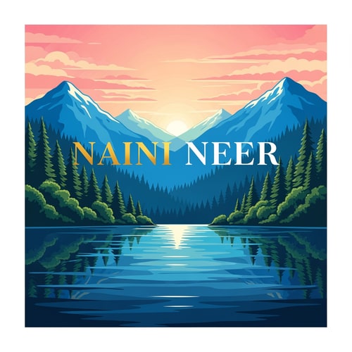 AI Design for “Design an artistic SQUARE nature logo for NAINI NEER.
Inside the square, create a scenic illustration of a lake bordered by trees, distant blue mountains, and a warm pink-orange sunrise sky. Use refined vector illustration with controlled gradients, soft shading, and rich natural colors.
Place the word NAINI NEER in the exact CENTER of the square in bold premium typography (gold or white). The text must blend into the scene while remaining clear. No tagline or external decoration.”