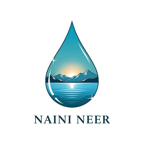 AI Design for “Create a premium logo for the brand NAINI NEER using a large elegant waterdrop shape. Inside the drop, illustrate a calm blue lake with soft ripples, a minimal mountain silhouette, and a warm rising sun behind it. Use clean vector style with smooth gradients, refined outlines, and a luxurious blue-teal color palette. Add subtle white highlights to give a pure, fresh water feeling. Place the brand name ‘NAINI NEER’ below the drop in elegant serif typography. No clutter, no extra icons, no tagline.”