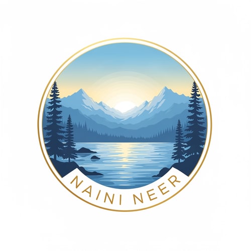 AI Design for “Create a premium circular logo for the brand NAINI NEER.
Inside the circle, design a serene natural lake scene with calm blue water, soft ripples, and subtle reflections.
Add layered mountain silhouettes in the background, pine trees on both sides, and a warm sunrise or golden sky glow behind the peaks.
Use clean vector illustration style with soft gradients and elegant outlines.
The composition must feel calm, pure, refreshing, and premium.”