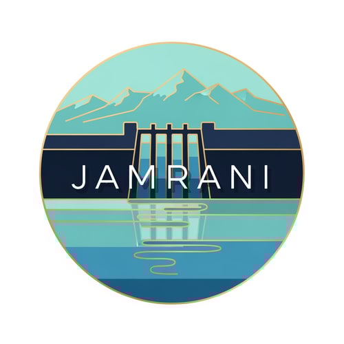 AI Design for “Design a modern circular logo for JAMRANI featuring a minimal geometric dam silhouette at the center, with reflective water below and a soft mountain outline above.
Use a clean flat-vector style with aqua blues, deep navy, and soft gold.
Place JAMRANI in the middle of the circle in refined semi-serif typography with light shadow integration.
Keep shapes simple, symmetrical, and premium.
Mood: fresh, modern, pure, high-quality water source.”