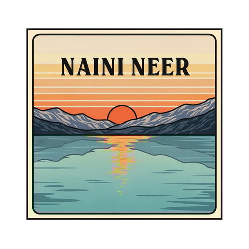 AI Design for “Design a retro travel-postcard inspired SQUARE logo for NAINI NEER.
Inside the square, illustrate a lake scene with warm vintage tones: soft teal water, orange sun, textured mountains, and faded retro sky gradient.
Use thick outlines and soft grain texture for an old postcard effect.
Place the text NAINI NEER prominently in the CENTER of the square in bold classic typography.
Keep the vibe nostalgic but clean. No tagline.”
