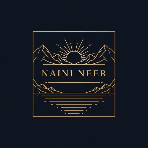 AI Design for “Design a luxury SQUARE logo for NAINI NEER using only thin gold line art.
Inside the square, draw minimal outlines of a calm lake, mountain peaks, and a rising sun using elegant gold linework on a dark navy background.
Place the text NAINI NEER centered inside the square in gold serif typography, perfectly aligned with the illustration.
Style should feel premium, modern, and exclusive. No gradients, no tagline.”