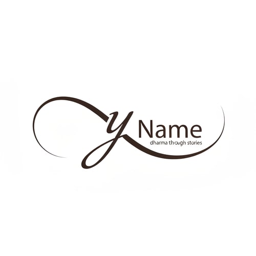 AI Design for Let the tail of y curve back under the name forming a gentle infinity loop. It expresses endless wisdom and continuity of dharma through stories.