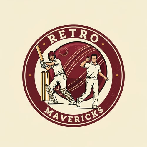 AI Design for Design a retro-style cricket team logo for “RETRO MAVERICKS”.
Create a circular badge with old-school typography and a vintage emblem layout.
Main visual: two cricket players in action — one batsman playing a shot and one bowler delivering the ball.
Players must be illustrated in a classic retro drawing style with bold outlines, slightly textured shading, and dynamic poses.
Place a vintage maroon leather cricket ball with stitching behind the players as a central background element.
Add cricket stumps subtly behind the batsman to enhance the cricket theme.
Use a color palette of maroon, cream, and gold.
Include subtle distressed textures for a retro heritage feel, but keep the overall artwork clean and sharp.
Add a bold circular border in maroon and gold.
Typography: vintage sports-style font for “RETRO” on top and “MAVERICKS” on bottom inside the round badge.
Composition must be symmetrical, powerful, and suitable as a professional cricket team identity.
High-resolution, vector-style, no background.