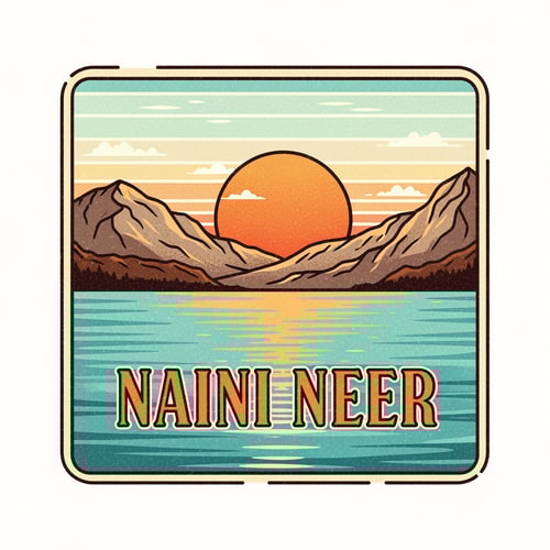 AI Design for “Design a retro travel-postcard inspired SQUARE logo for NAINI NEER.
Inside the square, illustrate a lake scene with warm vintage tones: soft teal water, orange sun, textured mountains, and faded retro sky gradient.
Use thick outlines and soft grain texture for an old postcard effect.
Place the text NAINI NEER prominently in the CENTER of the square in bold classic typography.
Keep the vibe nostalgic but clean. No tagline.”