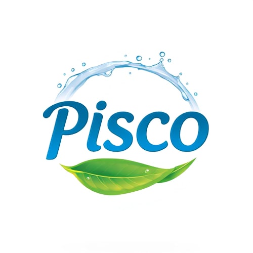 AI Design for Design a fresh and eco-friendly logo for the brand name “PISCO”, symbolizing purity, health, and nature. The logo should feature the word PISCO in a bold yet smooth cursive or rounded serif font, colored in shades of deep blue to reflect clean water. Above the text, create a splash of water in light blue with droplets, forming an arch that conveys freshness and fluidity. Below the text, add a green leaf element with realistic shading and dew drops, representing nature, sustainability, and organic purity. The water splash and leaf should create a harmonious circular composition around the text, giving balance and completeness. Use gradients and highlights to make the water and leaf look modern and slightly 3D, while keeping the overall design simple, professional, and adaptable for bottle labels, print, and digital branding. The background should remain clean white to emphasize the contrast of green and blue, ensuring a premium, refreshing, and trustworthy feel.