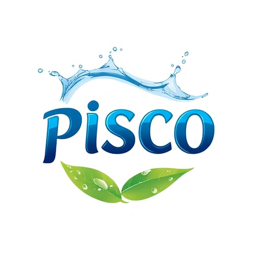 AI Design for Design a fresh and eco-friendly logo for the brand name “PISCO”, symbolizing purity, health, and nature. The logo should feature the word PISCO in a bold yet smooth cursive or rounded serif font, colored in shades of deep blue to reflect clean water. Above the text, create a splash of water in light blue with droplets, forming an arch that conveys freshness and fluidity. Below the text, add a green leaf element with realistic shading and dew drops, representing nature, sustainability, and organic purity. The water splash and leaf should create a harmonious circular composition around the text, giving balance and completeness. Use gradients and highlights to make the water and leaf look modern and slightly 3D, while keeping the overall design simple, professional, and adaptable for bottle labels, print, and digital branding. The background should remain clean white to emphasize the contrast of green and blue, ensuring a premium, refreshing, and trustworthy feel.