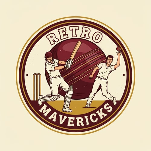 AI Design for Design a retro-style cricket team logo for “RETRO MAVERICKS”.
Create a circular badge with old-school typography and a vintage emblem layout.
Main visual: two cricket players in action — one batsman playing a shot and one bowler delivering the ball.
Players must be illustrated in a classic retro drawing style with bold outlines, slightly textured shading, and dynamic poses.
Place a vintage maroon leather cricket ball with stitching behind the players as a central background element.
Add cricket stumps subtly behind the batsman to enhance the cricket theme.
Use a color palette of maroon, cream, and gold.
Include subtle distressed textures for a retro heritage feel, but keep the overall artwork clean and sharp.
Add a bold circular border in maroon and gold.
Typography: vintage sports-style font for “RETRO” on top and “MAVERICKS” on bottom inside the round badge.
Composition must be symmetrical, powerful, and suitable as a professional cricket team identity.
High-resolution, vector-style, no background.