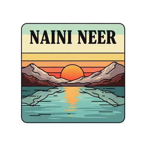 AI Design for “Design a retro travel-postcard inspired SQUARE logo for NAINI NEER.
Inside the square, illustrate a lake scene with warm vintage tones: soft teal water, orange sun, textured mountains, and faded retro sky gradient.
Use thick outlines and soft grain texture for an old postcard effect.
Place the text NAINI NEER prominently in the CENTER of the square in bold classic typography.
Keep the vibe nostalgic but clean. No tagline.”