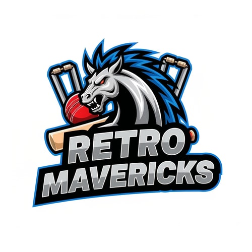 AI Design for Create a powerful cricket team logo for “RETRO MAVERICKS”.
Mascot: a fierce wild horse (maverick), stylized and dynamic.
Integrate cricket elements: cricket ball, wicket stumps, or bats.
Color palette: black, silver, electric blue.
Retro bold lettering for the team name.
High-energy sports team logo, sharp edges, mascot-driven style.
No background, vector-style, clean finish.