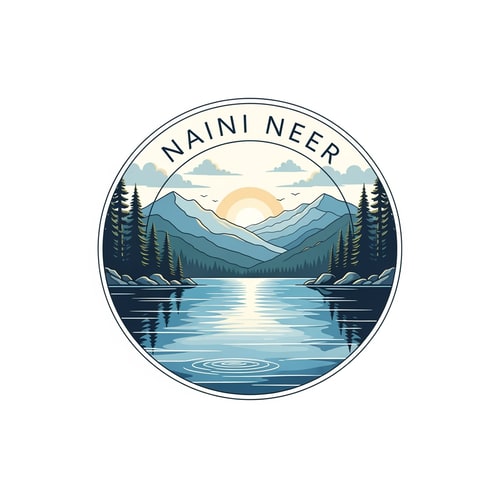 AI Design for “Create a premium circular logo for the brand NAINI NEER.
Inside the circle, design a serene natural lake scene with calm blue water, soft ripples, and subtle reflections.
Add layered mountain silhouettes in the background, pine trees on both sides, and a warm sunrise or golden sky glow behind the peaks.
Use clean vector illustration style with soft gradients and elegant outlines.
The composition must feel calm, pure, refreshing, and premium.”