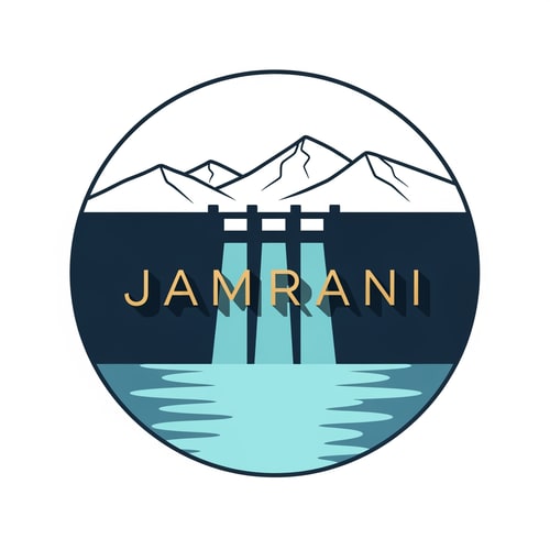 AI Design for “Design a modern circular logo for JAMRANI featuring a minimal geometric dam silhouette at the center, with reflective water below and a soft mountain outline above.
Use a clean flat-vector style with aqua blues, deep navy, and soft gold.
Place JAMRANI in the middle of the circle in refined semi-serif typography with light shadow integration.
Keep shapes simple, symmetrical, and premium.
Mood: fresh, modern, pure, high-quality water source.”