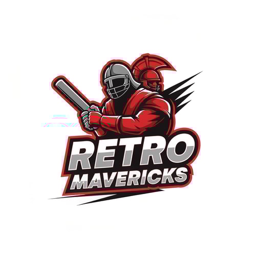 AI Design for Create an aggressive warrior-style cricket team logo for “RETRO MAVERICKS”.
Include a heroic cricket player silhouette or warrior helmet holding a bat.
Add dynamic lines for motion and energy.
Bold lettering with retro flair.
Color palette: red, black, white.
Tournament-grade vector logo, no background.