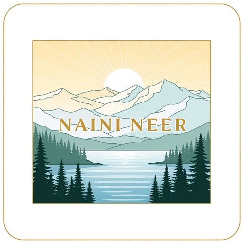 AI Design for “Create a premium SQUARE logo for the brand NAINI NEER.
Inside the square, illustrate a calm lake with soft blue ripples, surrounded by pine trees on both sides and layered mountains in the background. Add a warm sunrise glow behind the peaks to create a refreshing atmosphere. Use clean vector illustration with soft gradients and elegant outlines.
Place the text NAINI NEER exactly in the CENTER of the square, straight and bold, using premium serif typography in gold or white. Ensure the text blends naturally with the scenery without overpowering it. Add a thin gold border around the square. No tagline.”