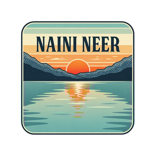 AI Design for “Design a retro travel-postcard inspired SQUARE logo for NAINI NEER.
Inside the square, illustrate a lake scene with warm vintage tones: soft teal water, orange sun, textured mountains, and faded retro sky gradient.
Use thick outlines and soft grain texture for an old postcard effect.
Place the text NAINI NEER prominently in the CENTER of the square in bold classic typography.
Keep the vibe nostalgic but clean. No tagline.”