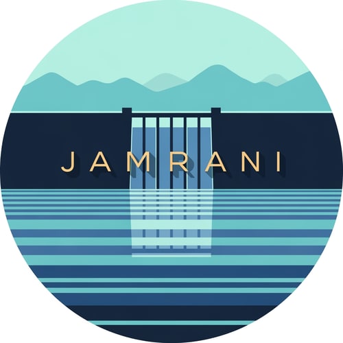 AI Design for “Design a modern circular logo for JAMRANI featuring a minimal geometric dam silhouette at the center, with reflective water below and a soft mountain outline above.
Use a clean flat-vector style with aqua blues, deep navy, and soft gold.
Place JAMRANI in the middle of the circle in refined semi-serif typography with light shadow integration.
Keep shapes simple, symmetrical, and premium.
Mood: fresh, modern, pure, high-quality water source.”