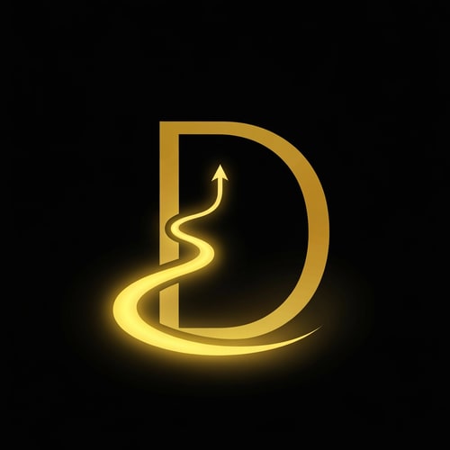AI Design for A minimal curved golden path winding upward into the letter D. It represents the journey from ignorance to awareness through narrative. The path glows faintly, merging tradition with forward motion. Ideal for a clean, aspirational identity.