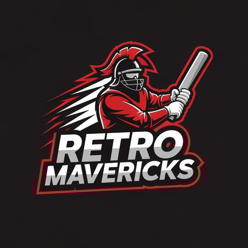 AI Design for Create an aggressive warrior-style cricket team logo for “RETRO MAVERICKS”.
Include a heroic cricket player silhouette or warrior helmet holding a bat.
Add dynamic lines for motion and energy.
Bold lettering with retro flair.
Color palette: red, black, white.
Tournament-grade vector logo, no background.