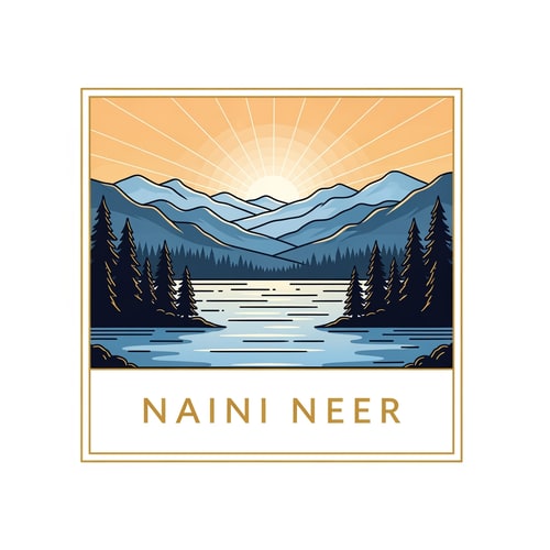 AI Design for “Create a premium SQUARE logo for the brand NAINI NEER.
Inside the square, illustrate a calm lake with soft blue ripples, surrounded by pine trees on both sides and layered mountains in the background. Add a warm sunrise glow behind the peaks to create a refreshing atmosphere. Use clean vector illustration with soft gradients and elegant outlines.
Place the text NAINI NEER exactly in the CENTER of the square, straight and bold, using premium serif typography in gold or white. Ensure the text blends naturally with the scenery without overpowering it. Add a thin gold border around the square. No tagline.”