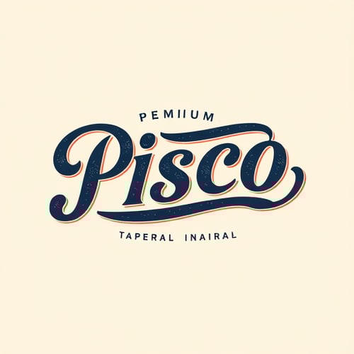 AI Design for Create a vintage-inspired wordmark logo for the brand name “PISCO”, designed in the style of classic cola brands like the historic Pepsi-Cola typography. The letters should be hand-drawn with bold, flowing, script-style curves, combining elegance with a retro aesthetic. The strokes must have dynamic thickness—thicker downstrokes and thinner upstrokes—to give a calligraphic, energetic rhythm. The logo should feature dramatic swashes and extended flourishes, especially in the first and last letters, so that the wordmark feels balanced yet eye-catching. Each letter must connect smoothly, with playful movement but still maintaining readability. The design should convey heritage, tradition, and trust, while also adapting to a premium mineral water identity. Use bold black or deep navy as the primary color for timeless impact, with the option of red or white highlights for vintage flair. The final composition must look iconic, suitable for large signage, bottle labels, and packaging, while maintaining a nostalgic yet powerful personality.