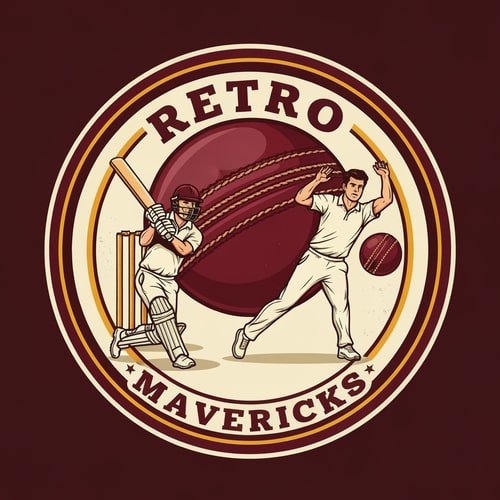AI Design for Design a retro-style cricket team logo for “RETRO MAVERICKS”.
Create a circular badge with old-school typography and a vintage emblem layout.
Main visual: two cricket players in action — one batsman playing a shot and one bowler delivering the ball.
Players must be illustrated in a classic retro drawing style with bold outlines, slightly textured shading, and dynamic poses.
Place a vintage maroon leather cricket ball with stitching behind the players as a central background element.
Add cricket stumps subtly behind the batsman to enhance the cricket theme.
Use a color palette of maroon, cream, and gold.
Include subtle distressed textures for a retro heritage feel, but keep the overall artwork clean and sharp.
Add a bold circular border in maroon and gold.
Typography: vintage sports-style font for “RETRO” on top and “MAVERICKS” on bottom inside the round badge.
Composition must be symmetrical, powerful, and suitable as a professional cricket team identity.
High-resolution, vector-style, no background.