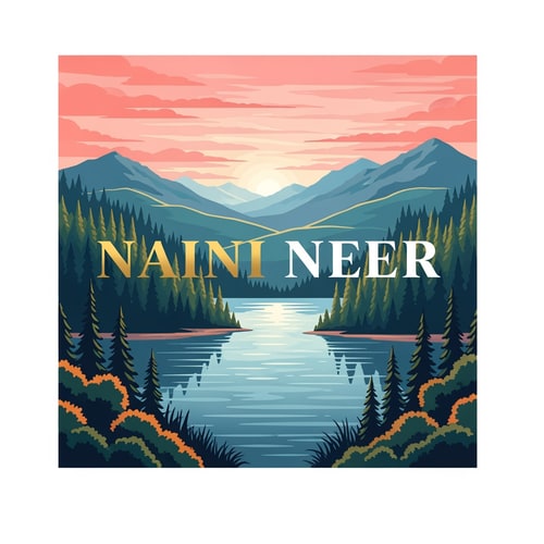 AI Design for “Design an artistic SQUARE nature logo for NAINI NEER.
Inside the square, create a scenic illustration of a lake bordered by trees, distant blue mountains, and a warm pink-orange sunrise sky. Use refined vector illustration with controlled gradients, soft shading, and rich natural colors.
Place the word NAINI NEER in the exact CENTER of the square in bold premium typography (gold or white). The text must blend into the scene while remaining clear. No tagline or external decoration.”