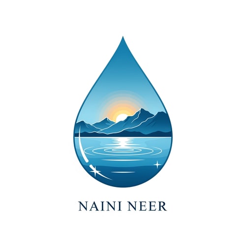 AI Design for “Create a premium logo for the brand NAINI NEER using a large elegant waterdrop shape. Inside the drop, illustrate a calm blue lake with soft ripples, a minimal mountain silhouette, and a warm rising sun behind it. Use clean vector style with smooth gradients, refined outlines, and a luxurious blue-teal color palette. Add subtle white highlights to give a pure, fresh water feeling. Place the brand name ‘NAINI NEER’ below the drop in elegant serif typography. No clutter, no extra icons, no tagline.”