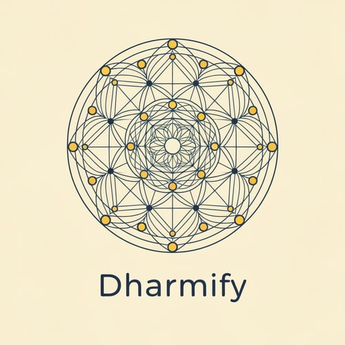 AI Design for A circular mandala built with geometric nodes and lines, resembling both a sacred design and a digital network. It conveys ancient wisdom adapted to today’s digital platforms. “Dharmify” sits below in calm lowercase type, emphasizing accessibility and peace.