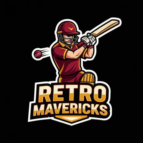 AI Design for Create a bold, modern cricket team mascot logo for “RETRO MAVERICKS”.
Style: same as the sample image — thick outlines, strong shadows, cartoon-mascot look, high-contrast colors.
Main character: a dynamic cricket batsman in action, mid-swing, facing forward at a slight angle.
Add a flying cricket ball near the swing path for motion effect.
Batsman outfit: maroon and gold uniform, helmet, gloves, and pads.
Make the character powerful, energetic, and expressive.
Logo structure:
• Character on top
• “RETRO MAVERICKS” text banner below in bold athletic sports typeface
• Add a small ribbon or plate under the text similar to reference style
Color palette:
• Maroon (primary)
• Gold (secondary)
• Cream/white highlights
• Black for outline and depth
Design rules:
• Strong thick white stroke around the whole mascot
• Sharp vector outlines
• Slight shadow and depth for premium look
• No background (transparent)
• High-resolution esport-style team logo
Make the overall look identical in style to modern cricket esports logos, similar to the reference image.