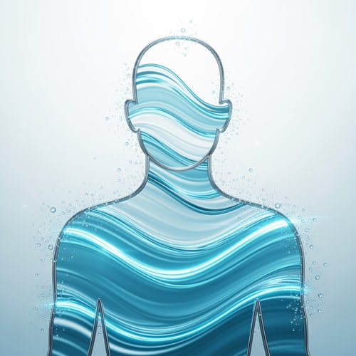 AI Design for “Create a premium minimalistic artwork showing a human silhouette made with thin metallic silver outline, interior filled with ultra-clean glowing aqua-blue water waves. Water waves must be smooth, layered, and slightly transparent. Background must be a soft white-to-light-blue gradient with subtle glass reflections. Add floating micro water particles around the silhouette to show purity. Overall look must feel scientific, calm, balanced, and extremely premium. No bottle, no text, no brand elements — just the visual theme.”