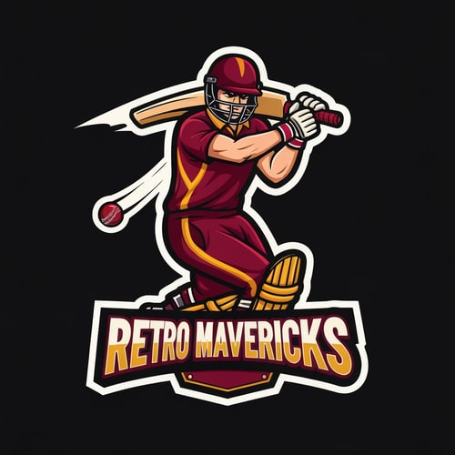 AI Design for Create a bold, modern cricket team mascot logo for “RETRO MAVERICKS”.
Style: same as the sample image — thick outlines, strong shadows, cartoon-mascot look, high-contrast colors.
Main character: a dynamic cricket batsman in action, mid-swing, facing forward at a slight angle.
Add a flying cricket ball near the swing path for motion effect.
Batsman outfit: maroon and gold uniform, helmet, gloves, and pads.
Make the character powerful, energetic, and expressive.
Logo structure:
• Character on top
• “RETRO MAVERICKS” text banner below in bold athletic sports typeface
• Add a small ribbon or plate under the text similar to reference style
Color palette:
• Maroon (primary)
• Gold (secondary)
• Cream/white highlights
• Black for outline and depth
Design rules:
• Strong thick white stroke around the whole mascot
• Sharp vector outlines
• Slight shadow and depth for premium look
• No background (transparent)
• High-resolution esport-style team logo
Make the overall look identical in style to modern cricket esports logos, similar to the reference image.
