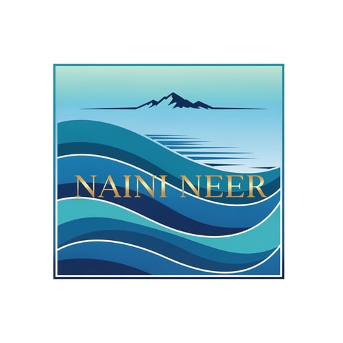 AI Design for “Create a modern geometric SQUARE logo for NAINI NEER.
Inside the square, design abstract flowing wave shapes representing a calm lake. Use layered blue and teal curves, with a soft gradient sky and a minimal mountain silhouette at the top. Keep the composition simple, balanced, and symmetrical.
Place the brand name NAINI NEER directly in the CENTER of the square using elegant serif typography in gold or white. Ensure the waves and mountains subtly frame the text. Add a clean thin border around the square. No tagline.”
