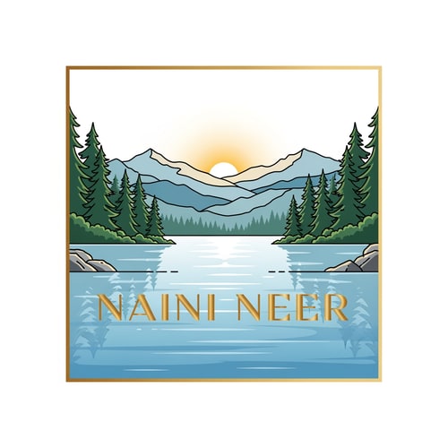 AI Design for “Create a premium SQUARE logo for the brand NAINI NEER.
Inside the square, illustrate a calm lake with soft blue ripples, surrounded by pine trees on both sides and layered mountains in the background. Add a warm sunrise glow behind the peaks to create a refreshing atmosphere. Use clean vector illustration with soft gradients and elegant outlines.
Place the text NAINI NEER exactly in the CENTER of the square, straight and bold, using premium serif typography in gold or white. Ensure the text blends naturally with the scenery without overpowering it. Add a thin gold border around the square. No tagline.”