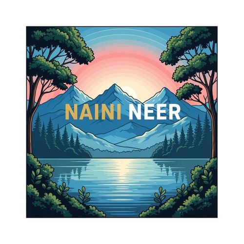 AI Design for “Design an artistic SQUARE nature logo for NAINI NEER.
Inside the square, create a scenic illustration of a lake bordered by trees, distant blue mountains, and a warm pink-orange sunrise sky. Use refined vector illustration with controlled gradients, soft shading, and rich natural colors.
Place the word NAINI NEER in the exact CENTER of the square in bold premium typography (gold or white). The text must blend into the scene while remaining clear. No tagline or external decoration.”
